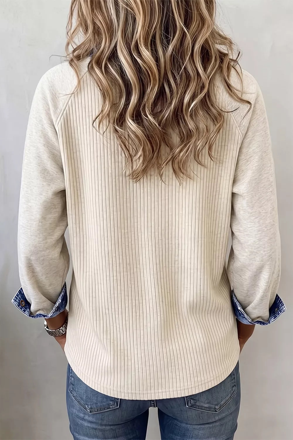 Ribbed Knit Denim Contrast Trim Top