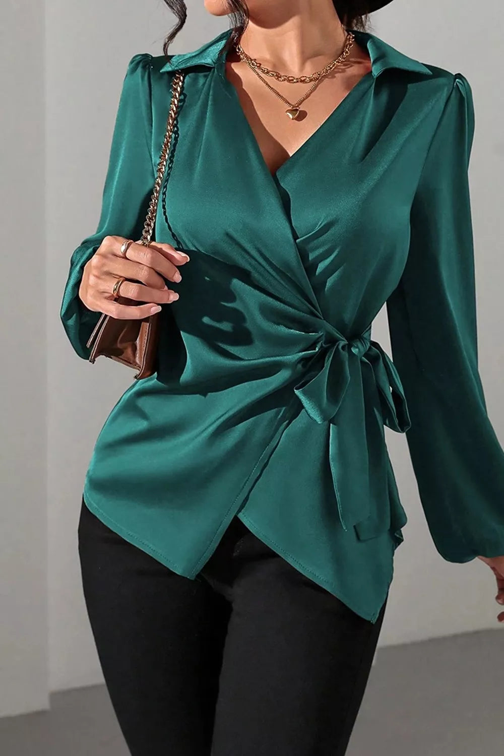 Satin Tied Detail Long Sleeve Blouse in French Blue
