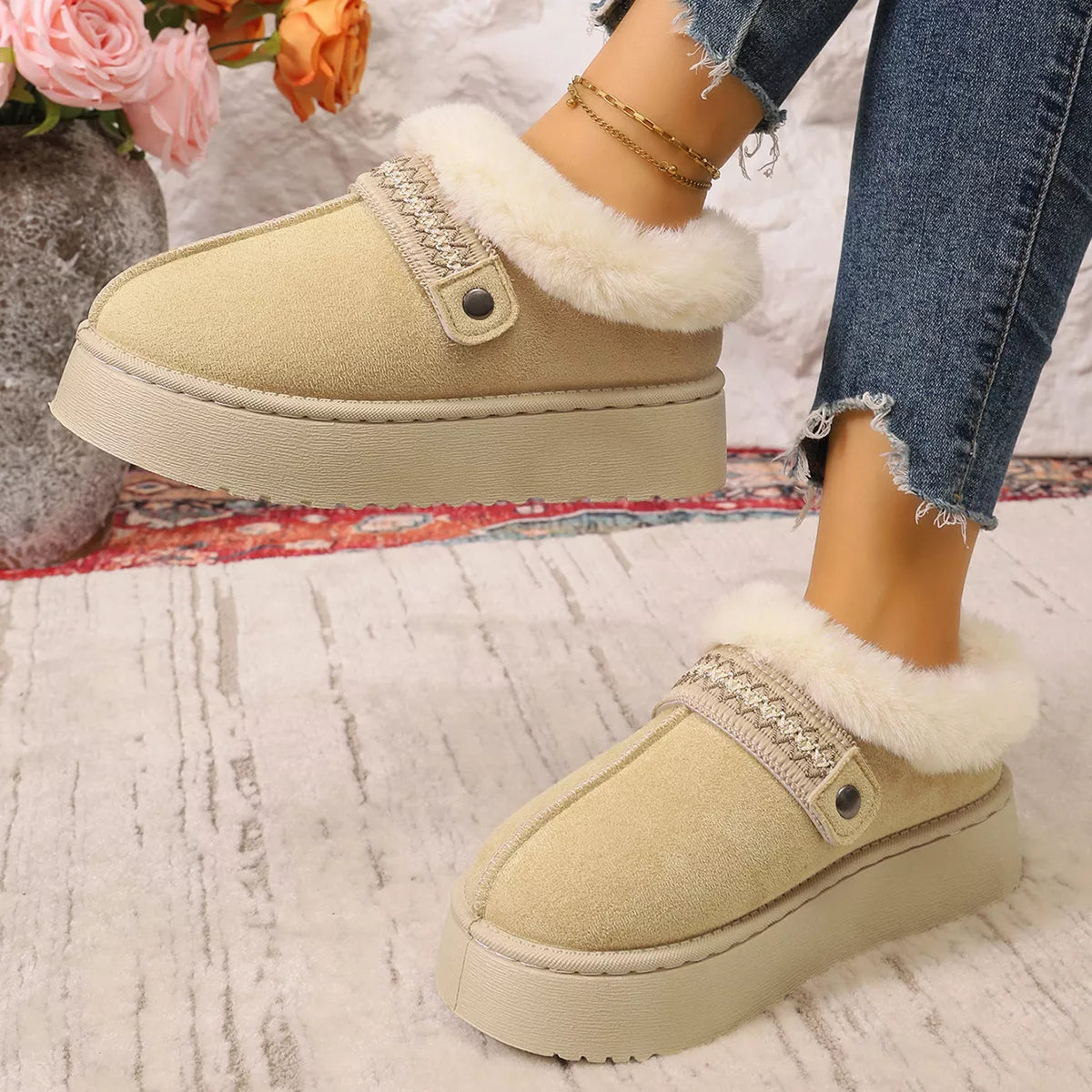 Platform Faux Fur Lined Suede Slip-On Boots in Beige