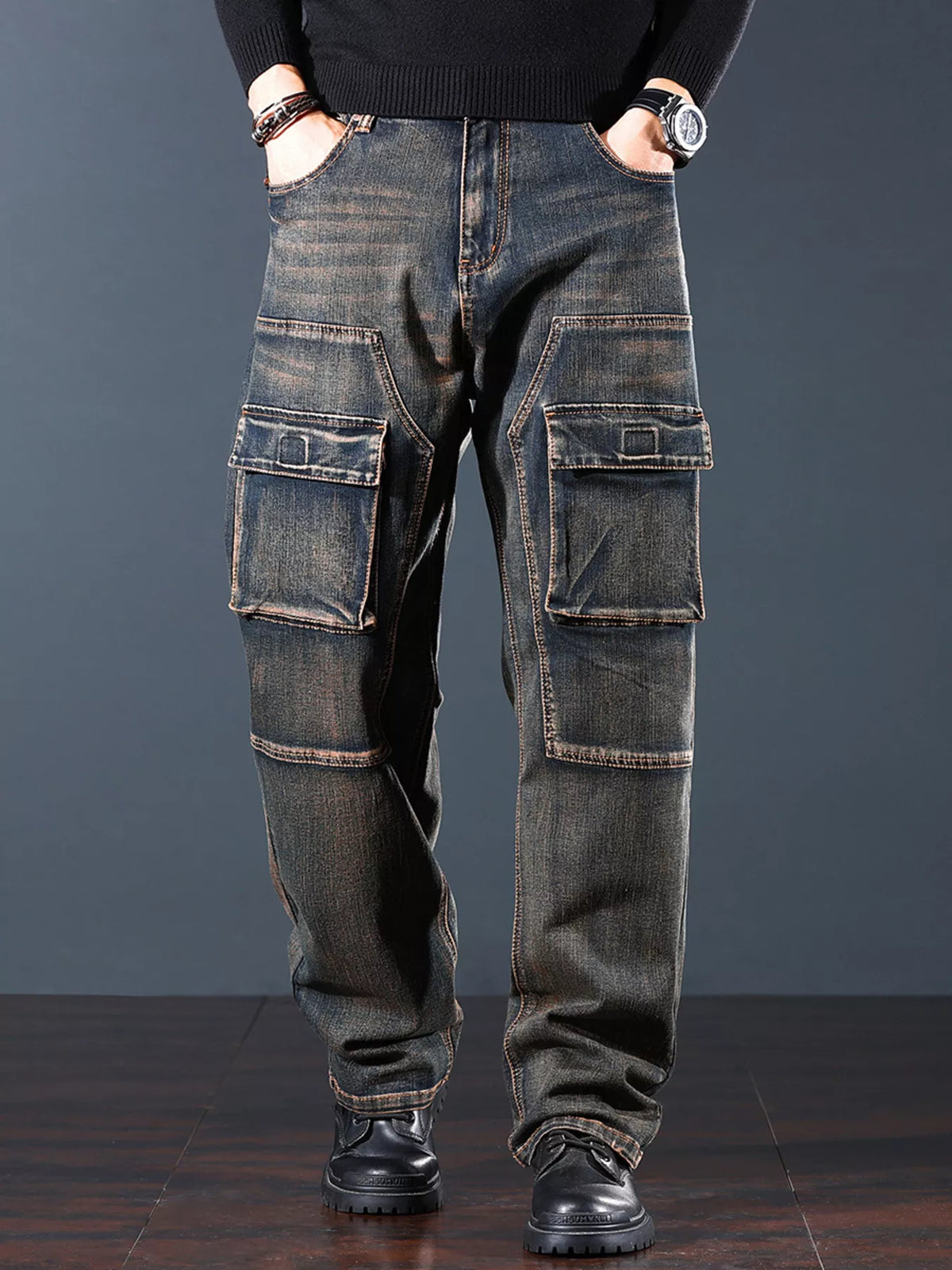 Men's Vintage Wash Cargo Jeans - Lilixa.store