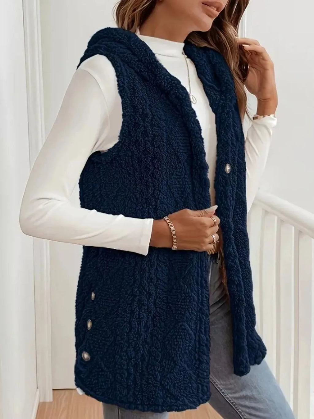 Hooded Button-Up Sherpa Vest Coat - Lilixa.store