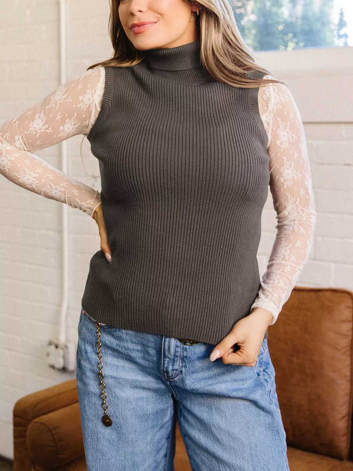 Ribbed Knit High Neck Sleeveless Waist Slim Fit Sweater Vest