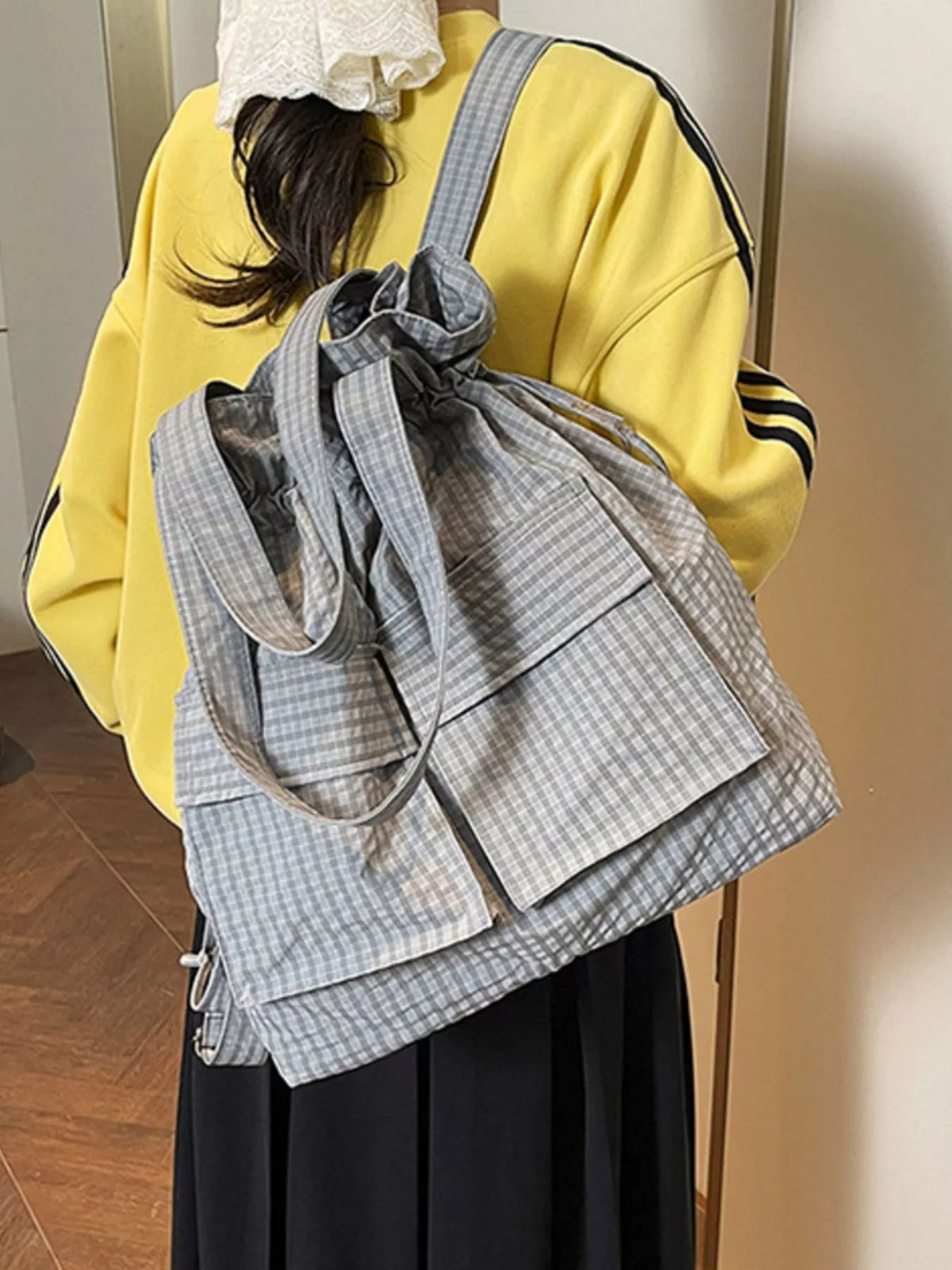 Convertible Plaid Drawstring Backpack Bag - Lilixa.store