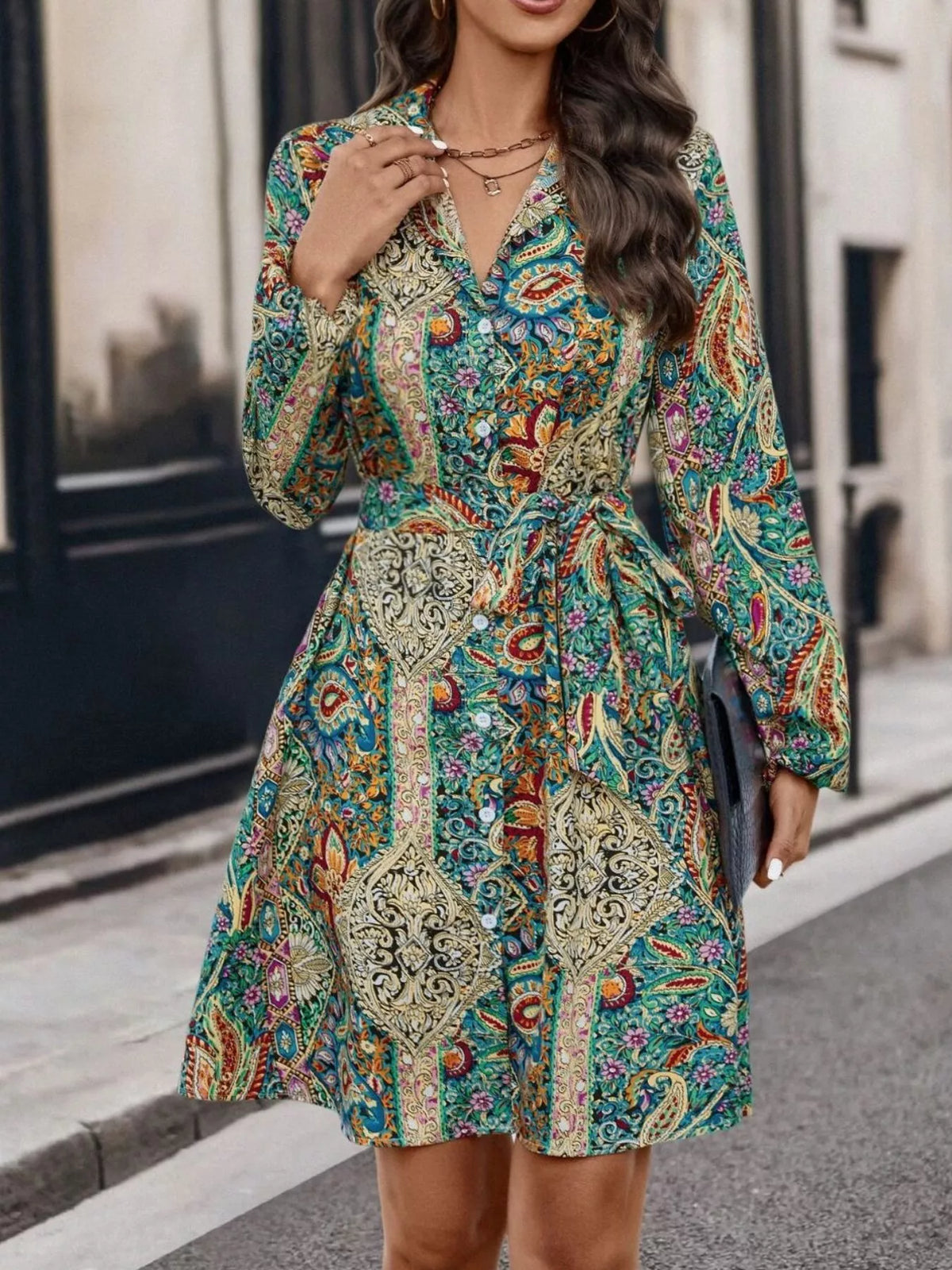 Paisley Print Button-Down Shirt Dress - Lilixa.store