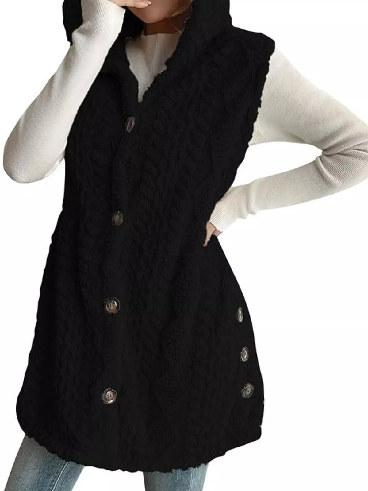 Button-Down Sherpa Hooded Vest Coat - Lilixa.store