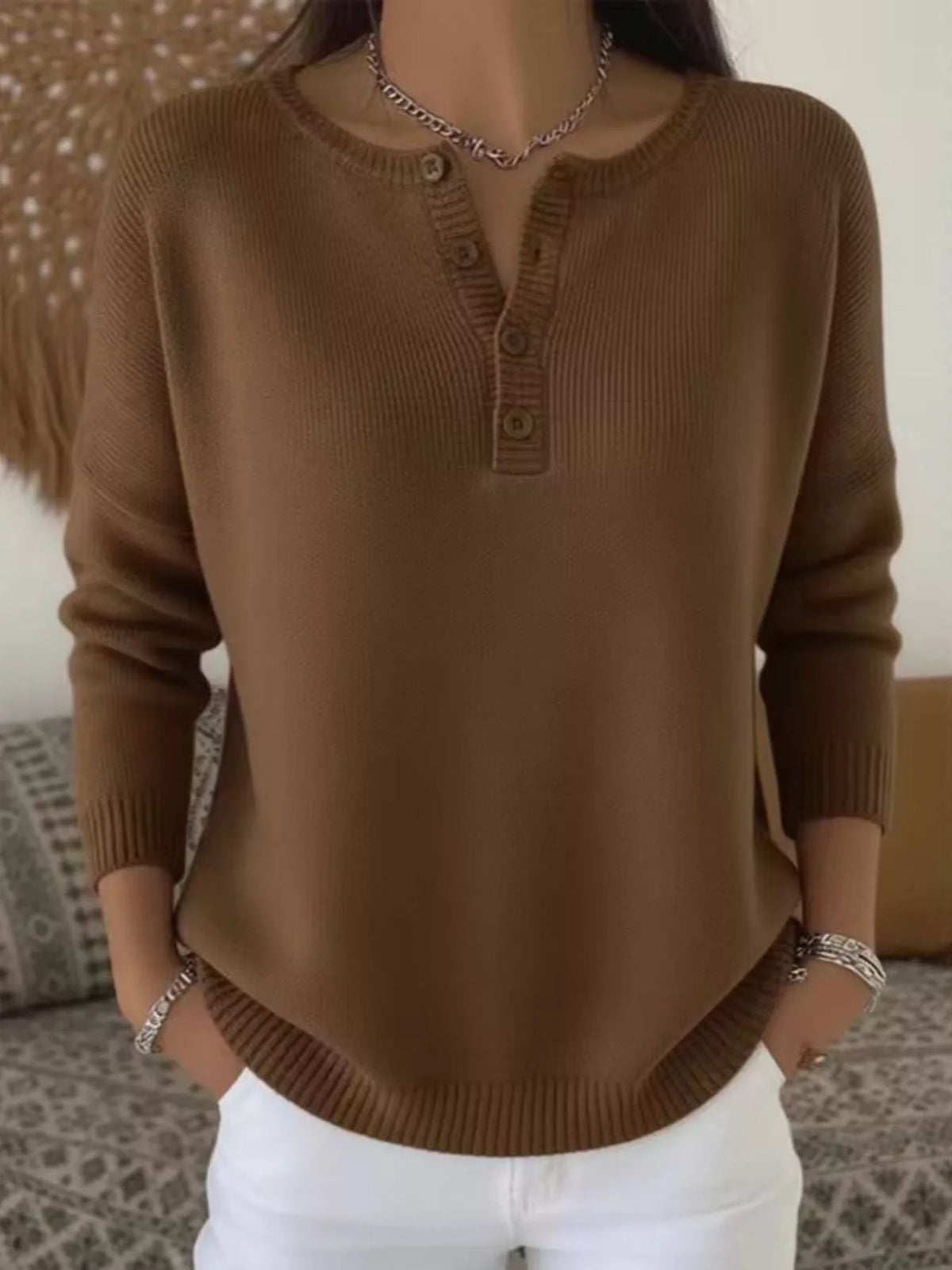 Full Size Button Detail Ribbed Knit Sweater Plus Size