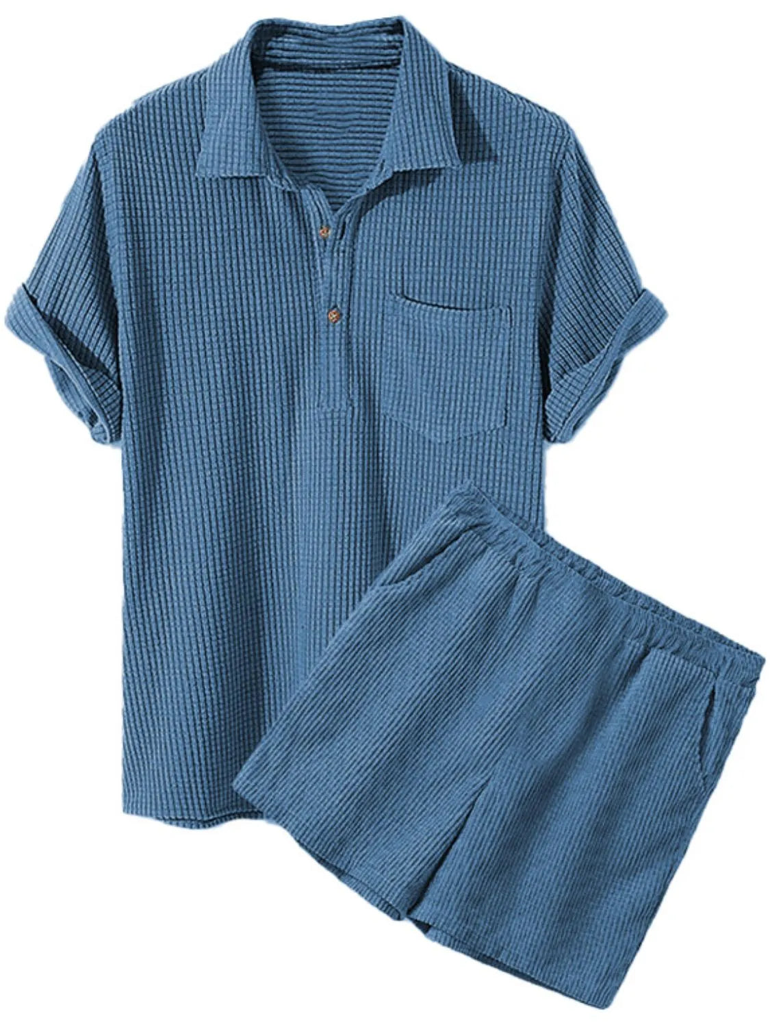 Men's Full Size Button Detail Short Sleeve Top and Shorts Set Plus Size in Blue