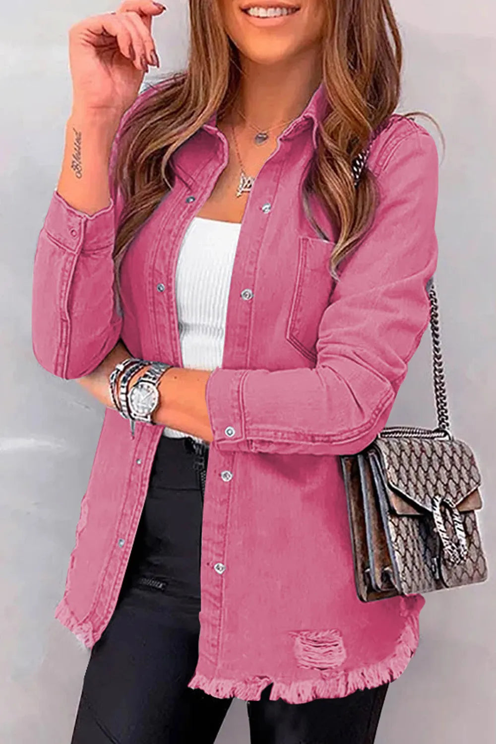 Distressed Raw Hem Snap Down Denim Jacket, view 6