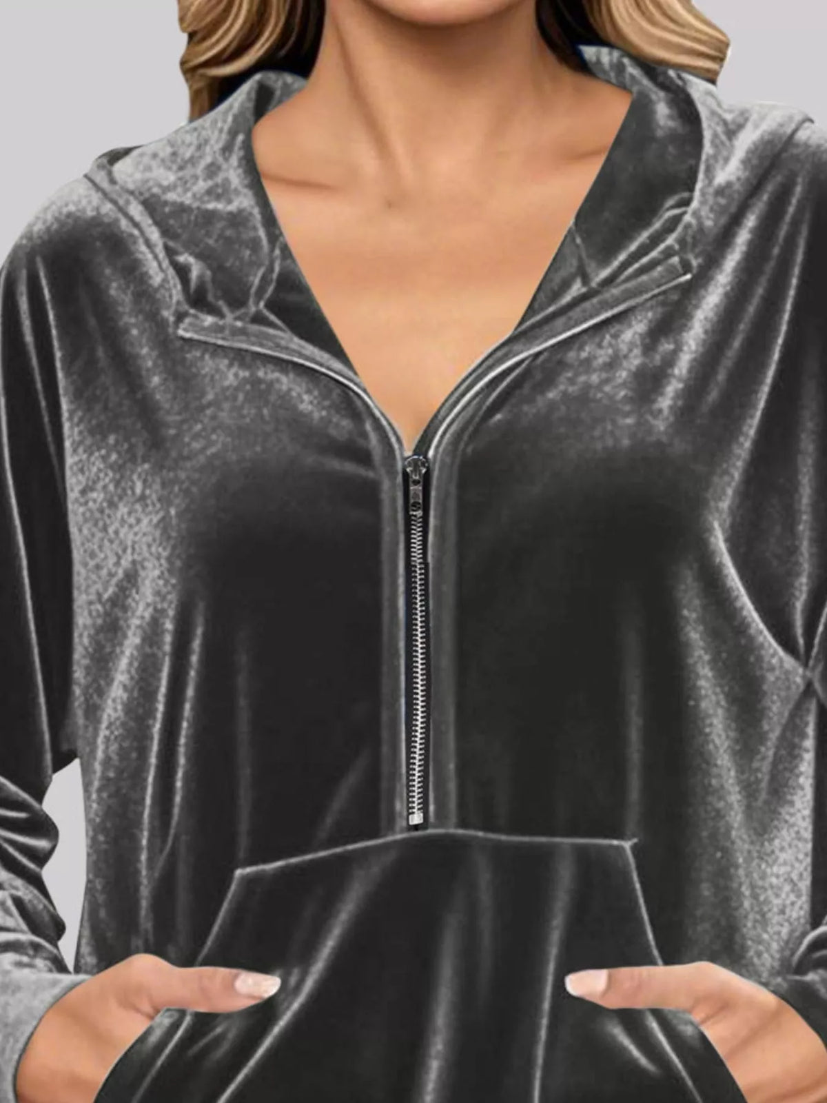 Full Size Velvet Half Zip Hoodie with Kangaroo Pocket Plus Size - Lilixa.store