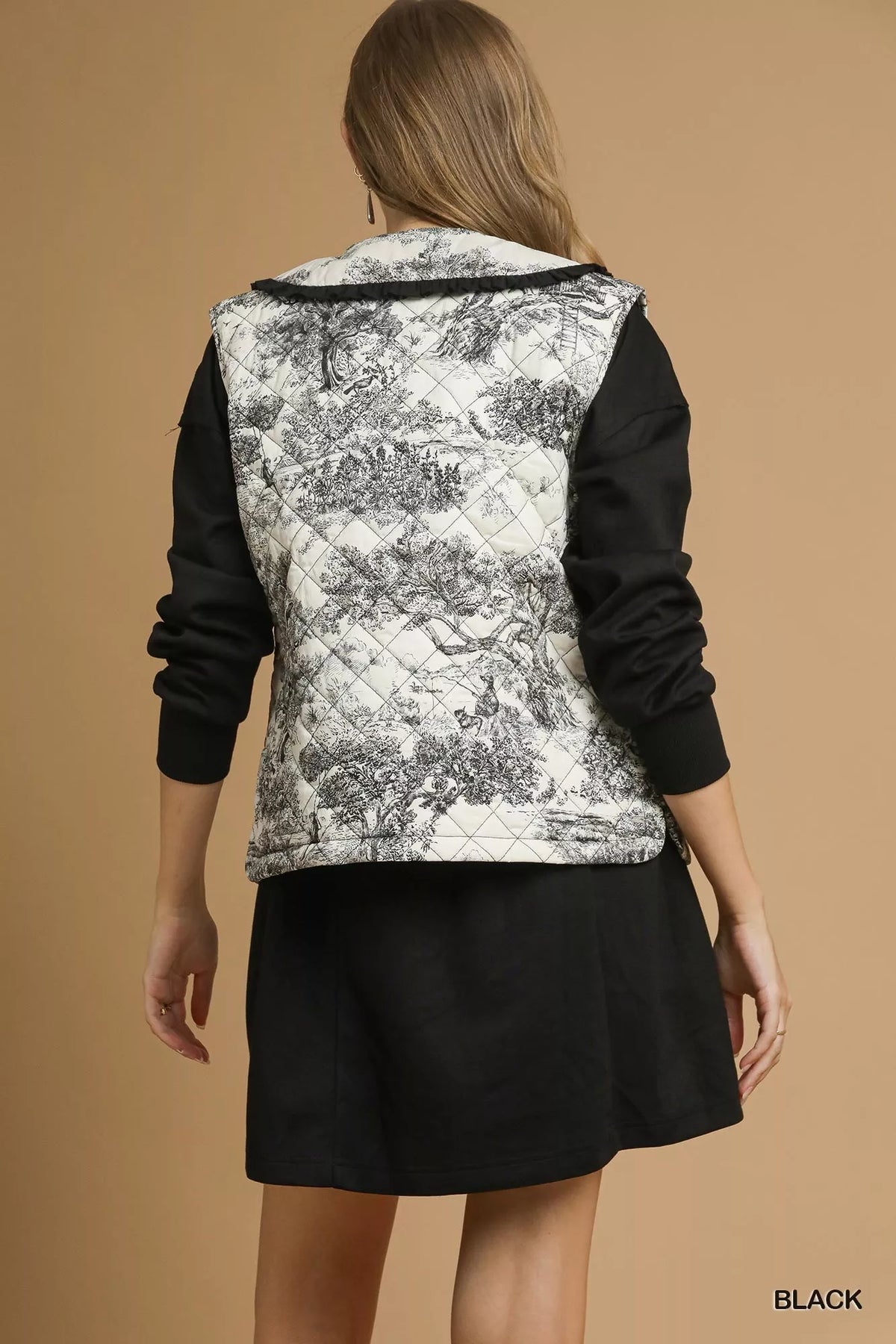 Umgee Toile Quilted Vest with Ruffle Collar - Lilixa.store