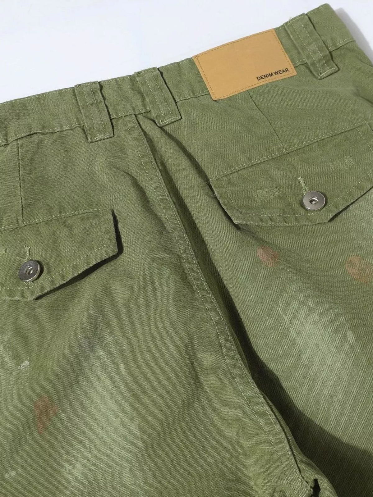 Men's Distressed Cargo Pants with Paint Splatter in Moss, view 5