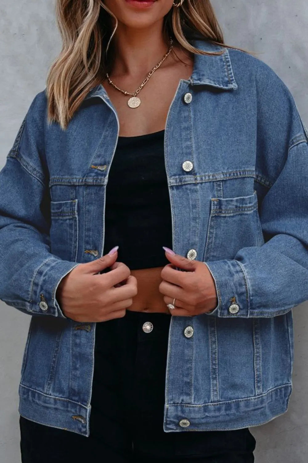 Pocketed Button Up Denim Jacket in Light Blue, view 14