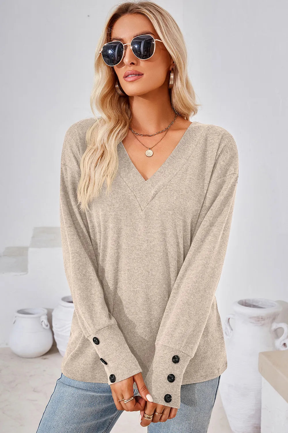 V-Neck Dropped Shoulder T-Shirt - Lilixa.store