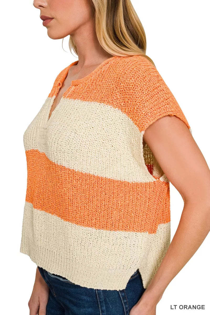 Zenana Split Neck Sleeveless Stripe Sweater, view 2