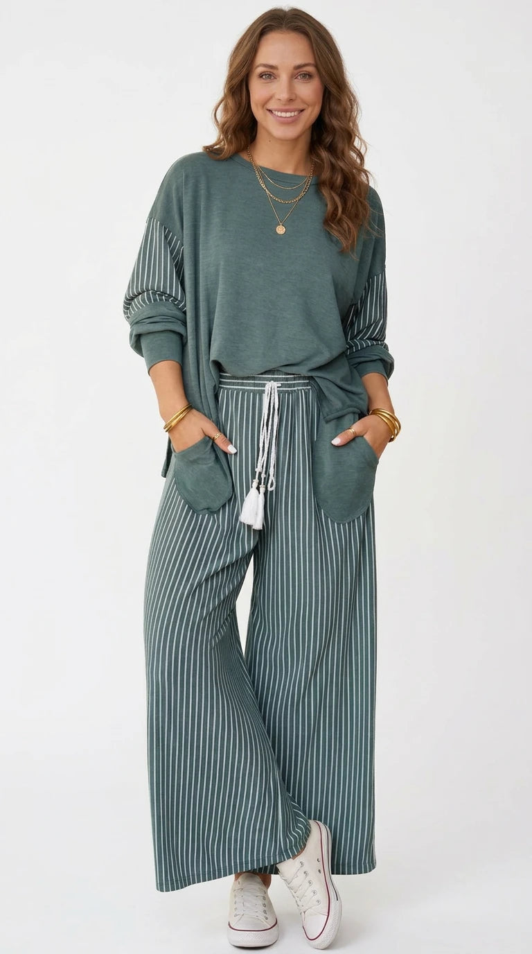 Raw Seam Patchwork Long Sleeve Top Pocket Casual Pants 2pcs Set in French Blue