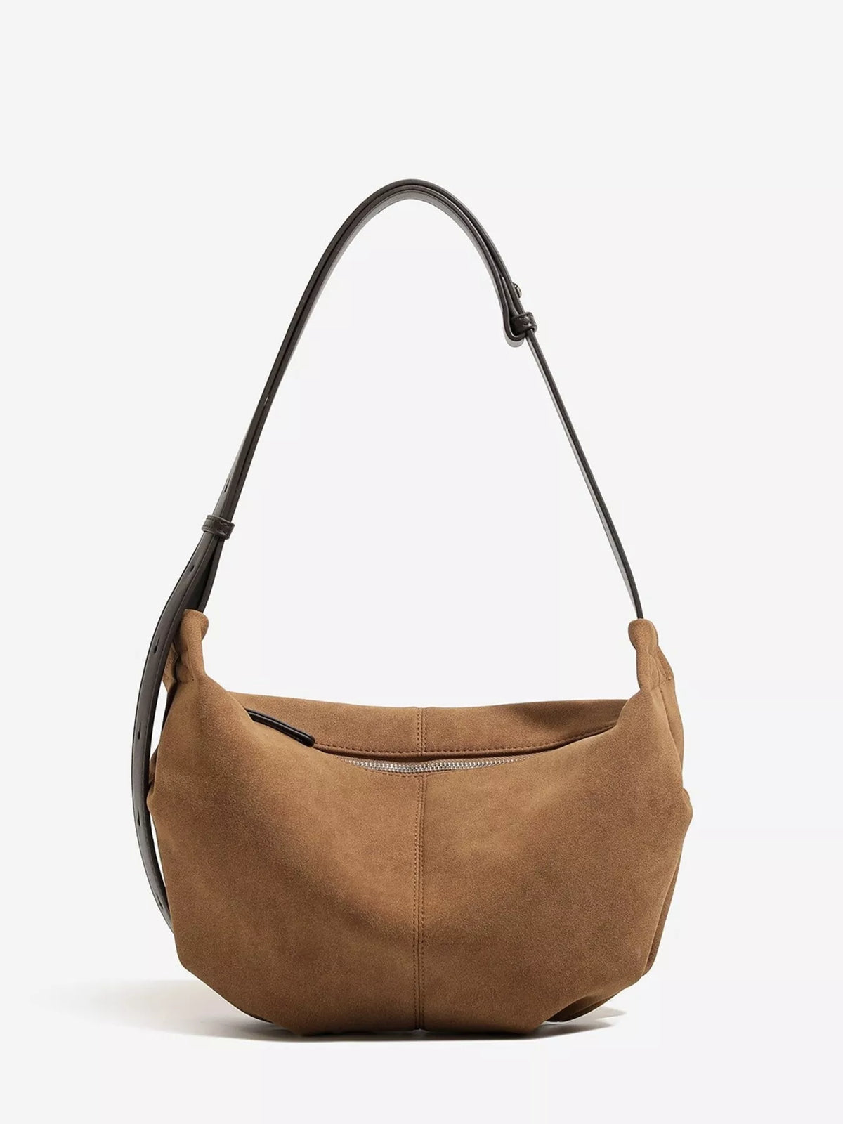 Vintage Suede Crescent Shoulder Bag with Adjustable Strap in Brown
