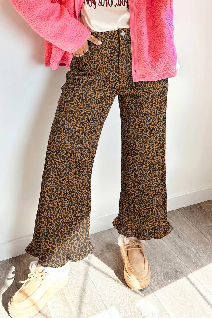 Leopard Print Ruffled Hem Shift Jeans - Lilixa.store