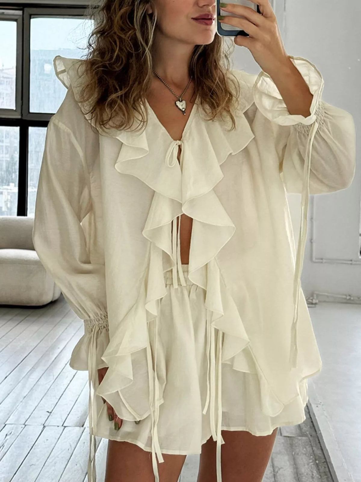 Ruffled Tie Front Blouse and Shorts Set, view 4