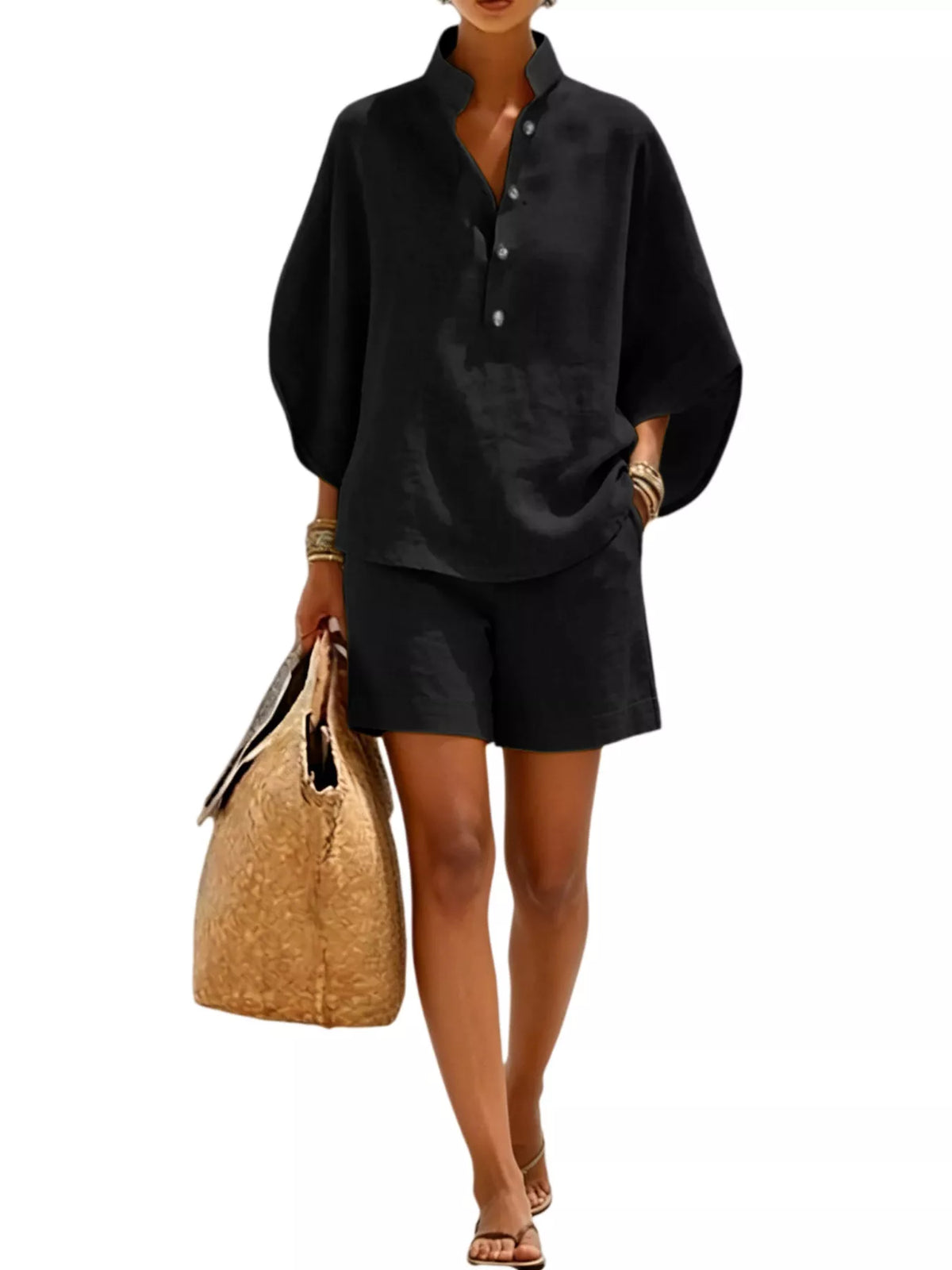 Full Size Button Detail Loose Fit Top and Shorts Set Plus Size