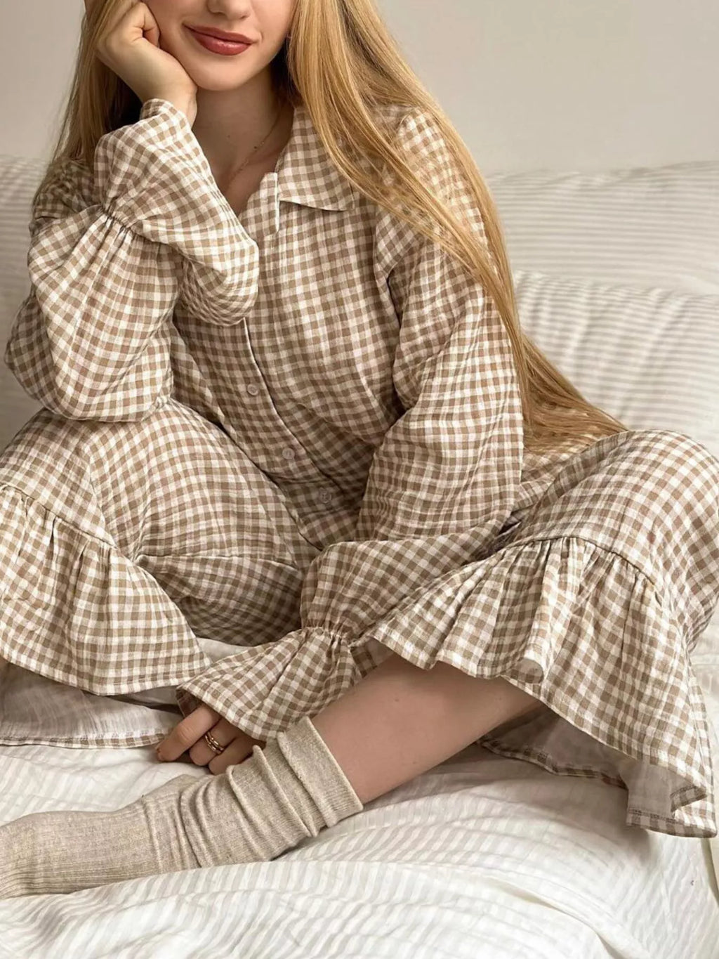 Gingham Ruffle-Trim Top and Pants Lounge Set - Lilixa.store