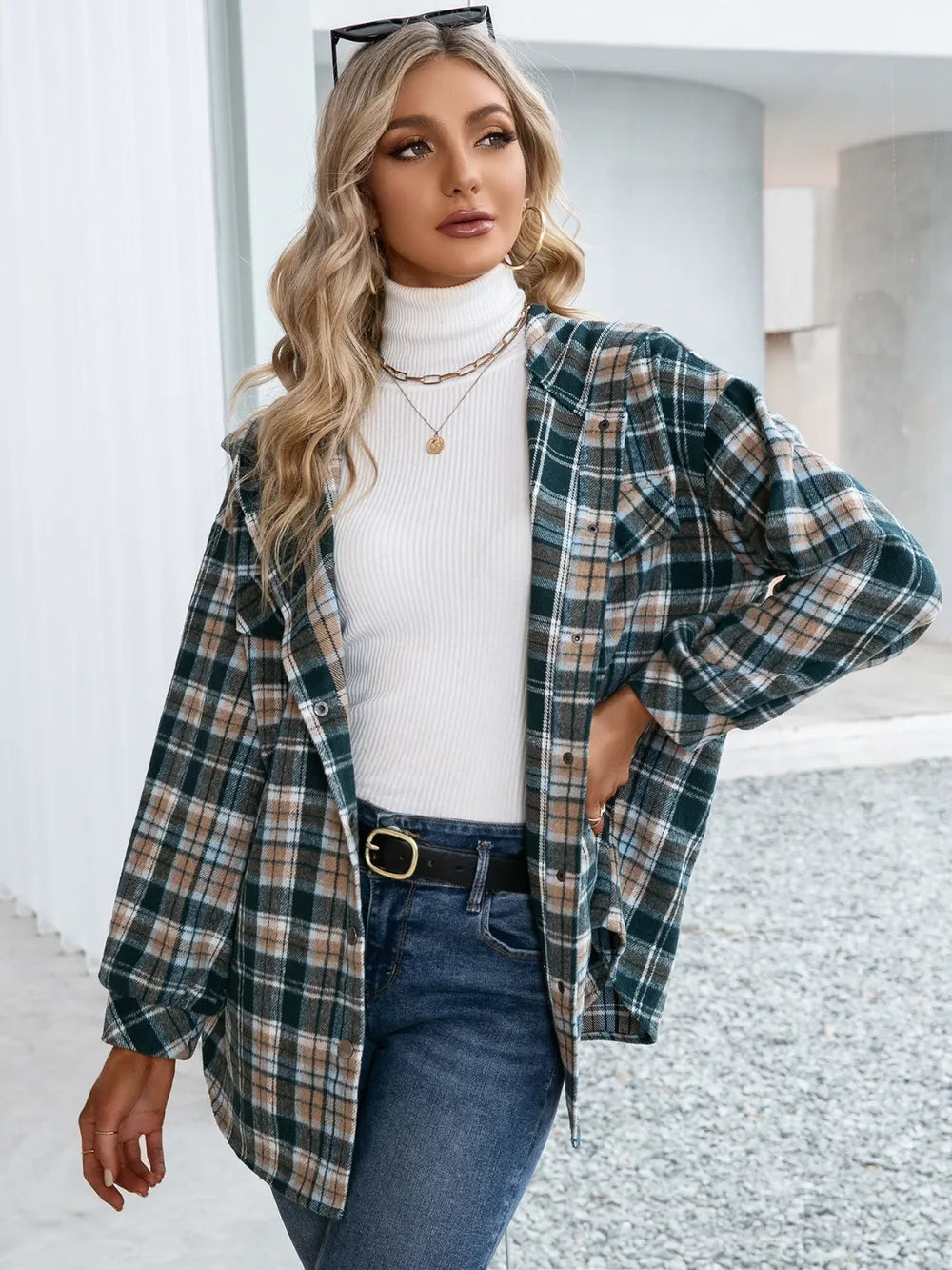 Ivy Lane Plaid Snap Down Hooded Jacket in Deep Teal, view 2