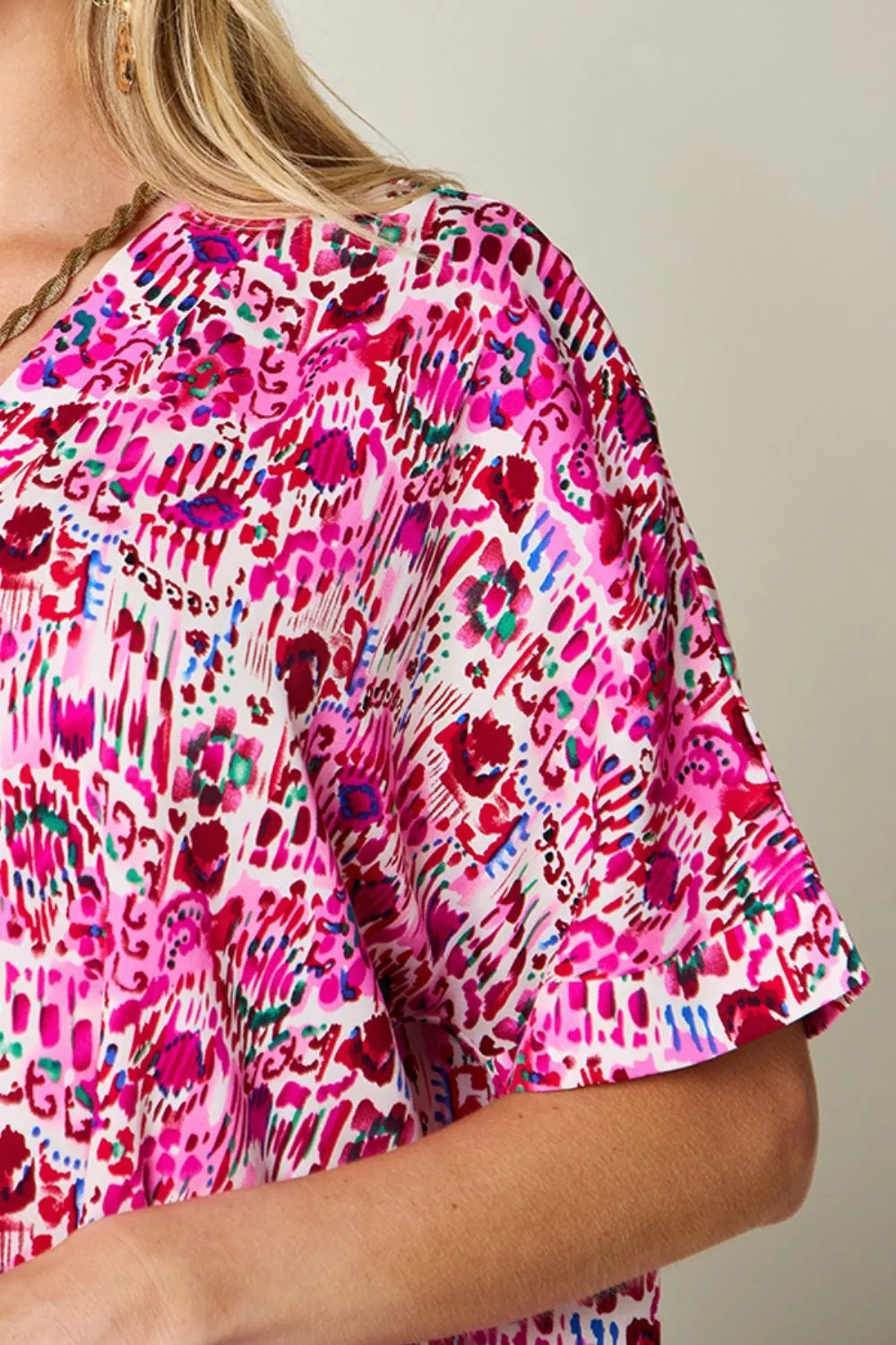 Double Take Full Size Printed V-Neck Short Sleeve Blouse, view 6