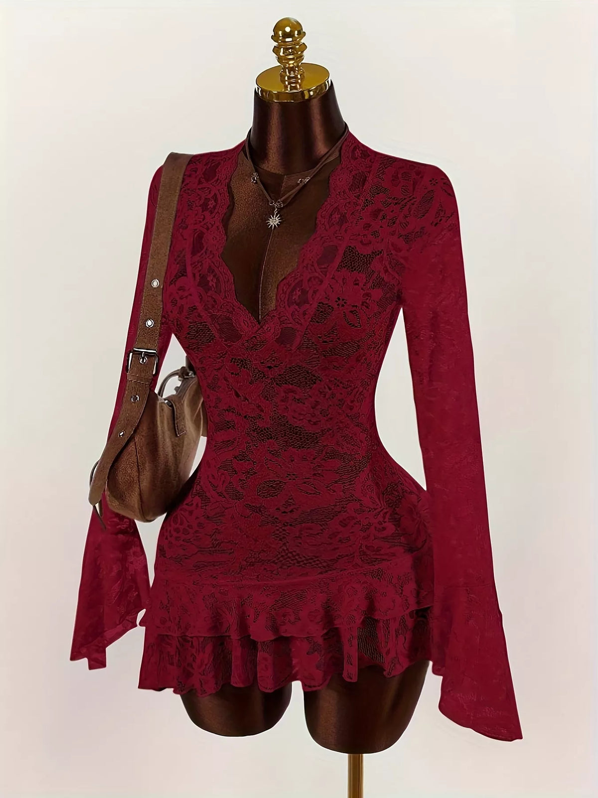 Lace V-Neck Long Sleeve Ruffled Blouse - Lilixa.store