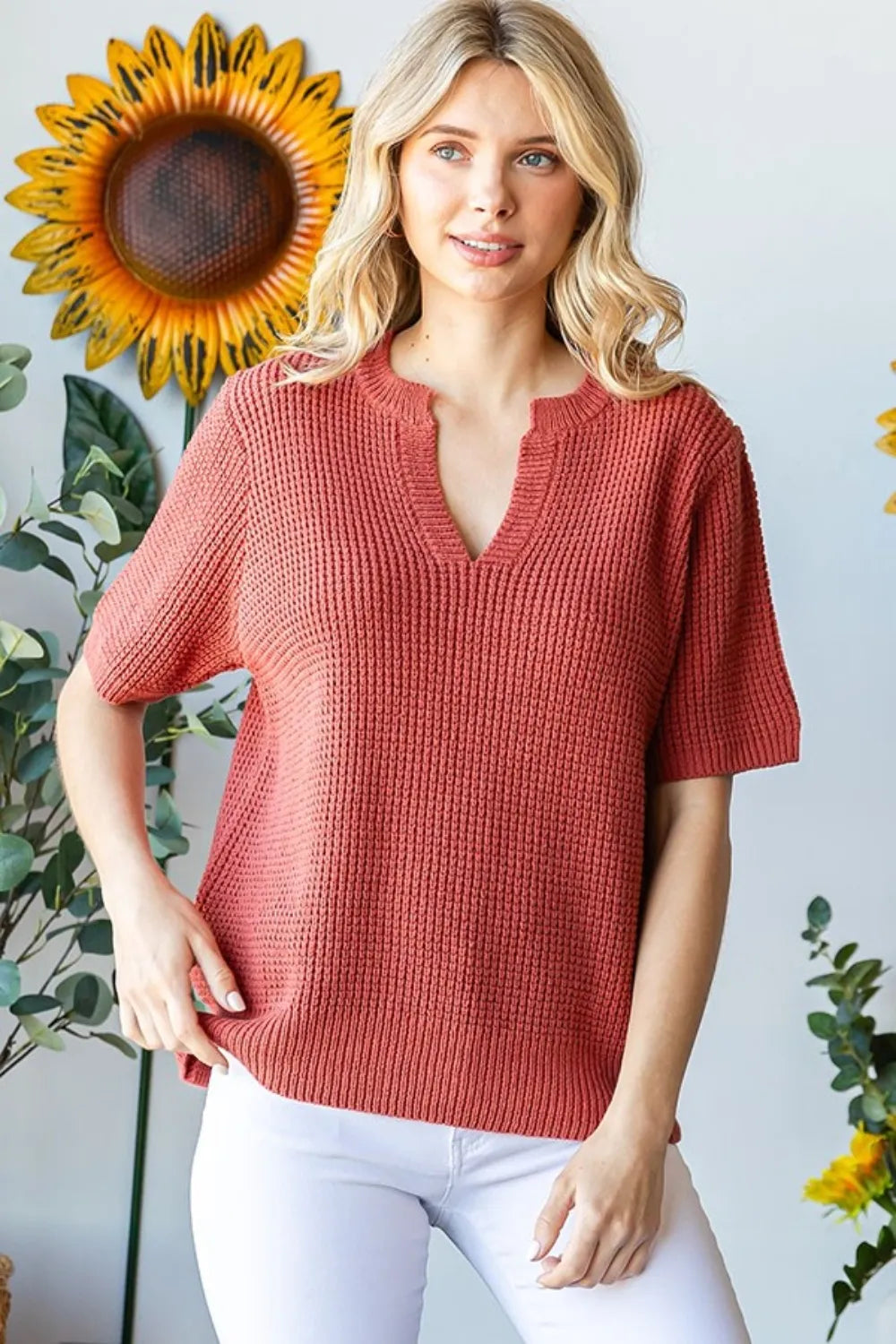 First Love Notched Short Sleeve Knit Top - Lilixa.store