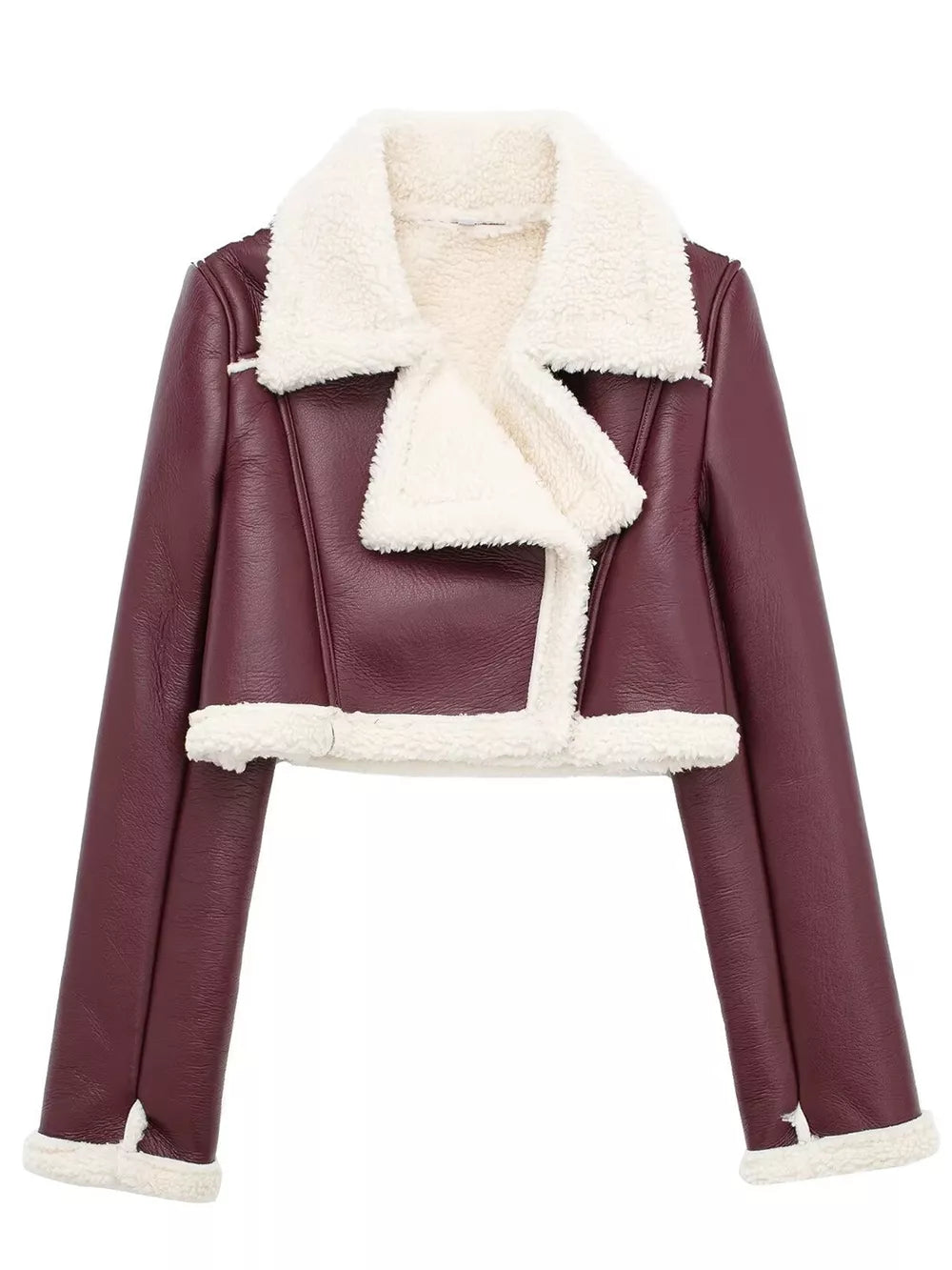 Collared Neck Long Sleeve Plush Cropped Jacket in Burgundy