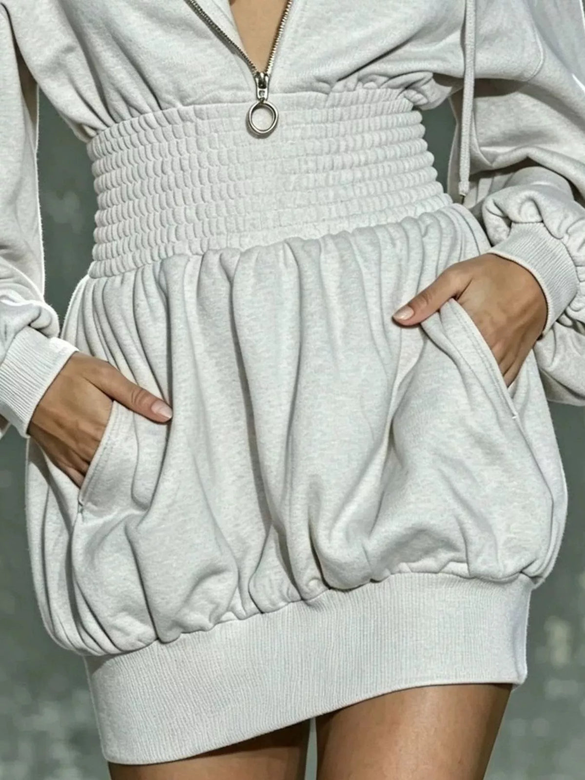 Hooded Long Sleeve Mini Dress with Smocked Waist - Lilixa.store
