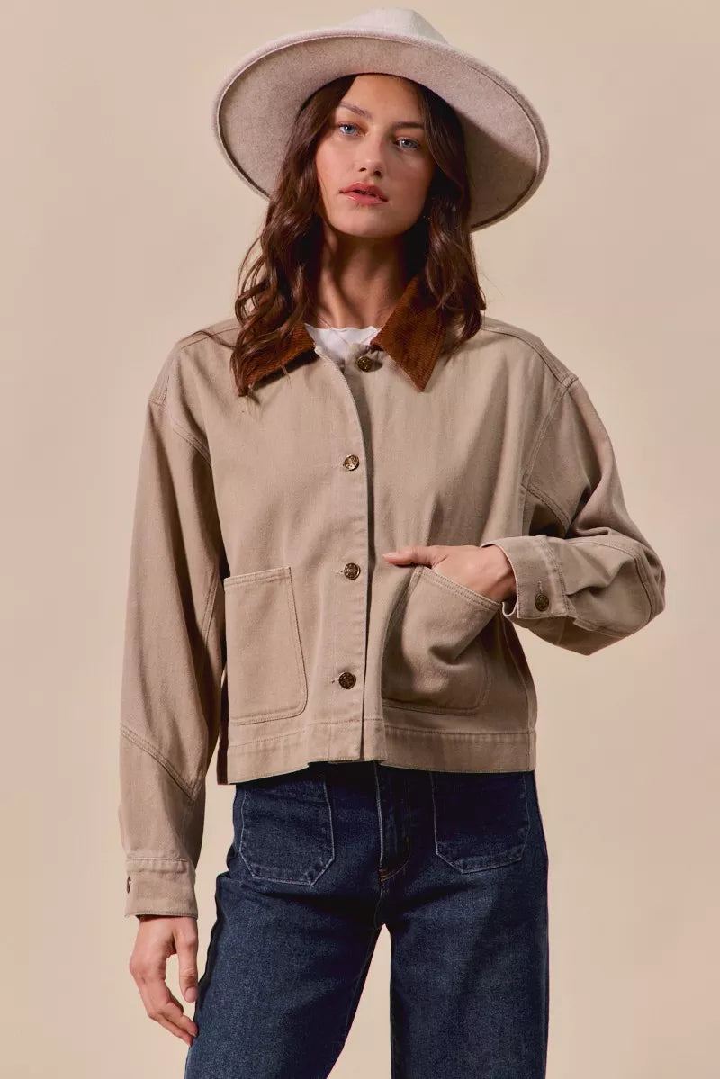 SO ME Cotton Twill Cropped Barn Jacket wtih Collar in Taupe, view 7