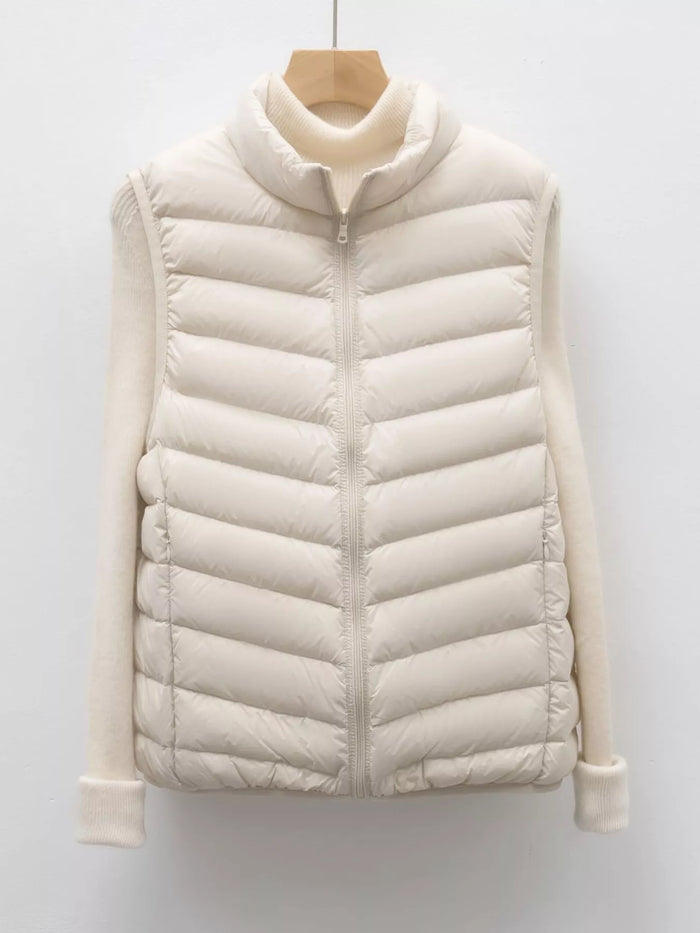 Quilted Zip Up Turtleneck Vest Coat in Ivory