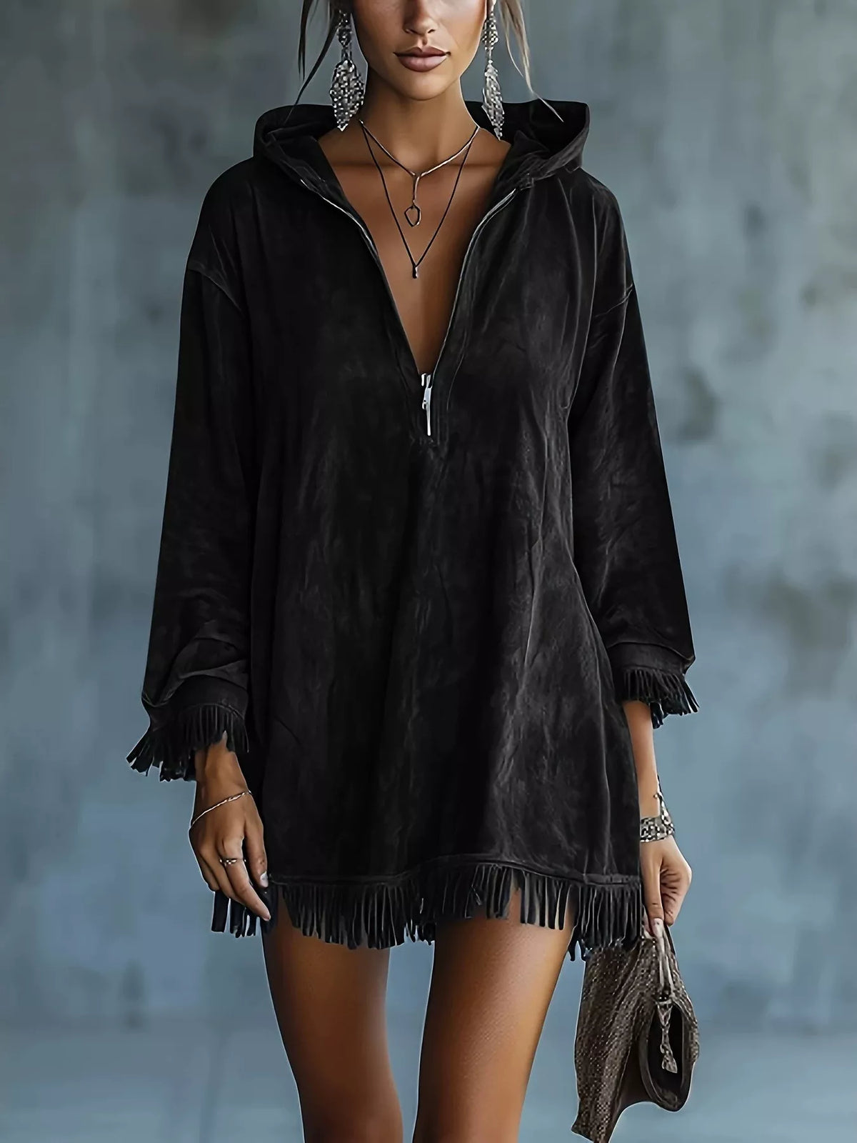 Full Size Hooded Fringed Half Zip Mini Dress Plus Size