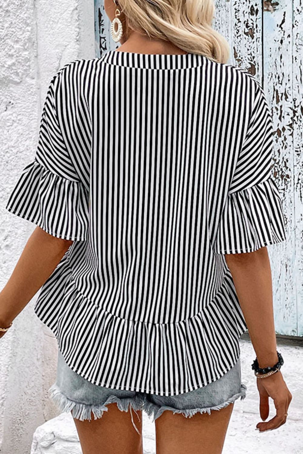 Perfee Striped Asymmetrical Flounce Sleeve Blouse, view 2