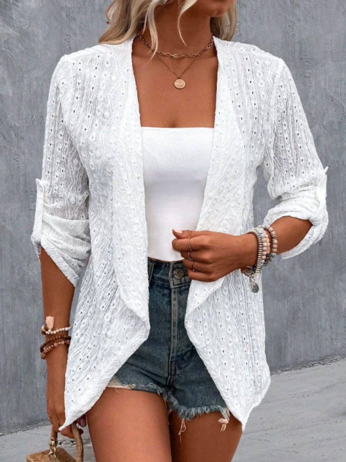 Eyelet Embroidered Open Front Cardigan in White, view 2