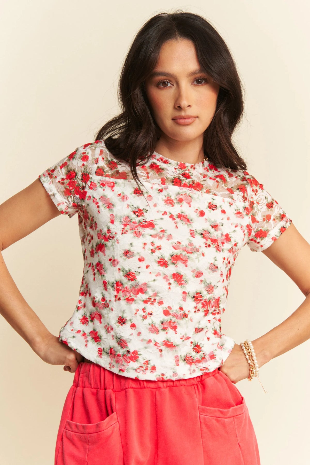 Davi & Dani Ribbon Short Sleeve Layered Mesh Top - Lilixa.store