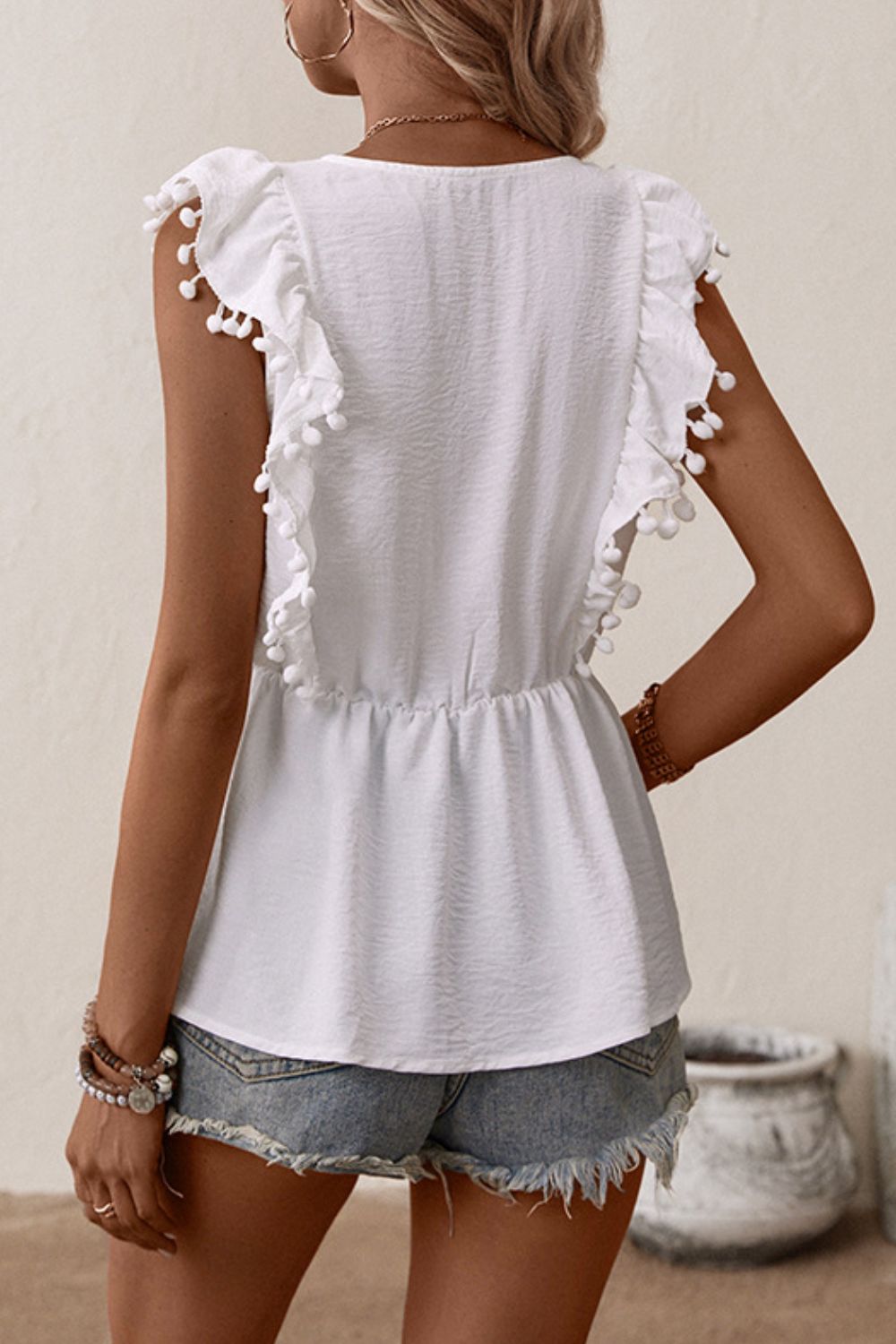 Perfee Embroidered Pom-Pom Trim Cap Sleeve Babydoll Top in White, view 2