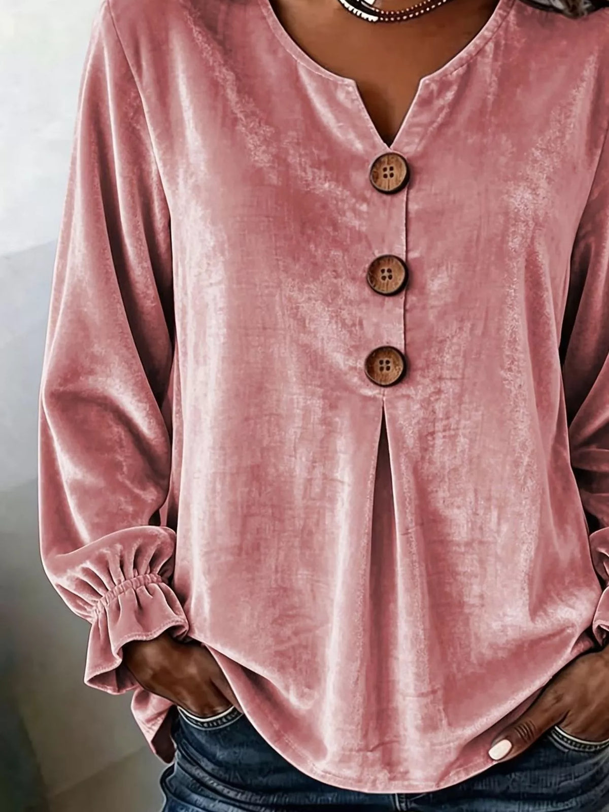 Full Size Velvet Button Decor Blouse with Ruffled Cuffs Plus Size - Lilixa.store