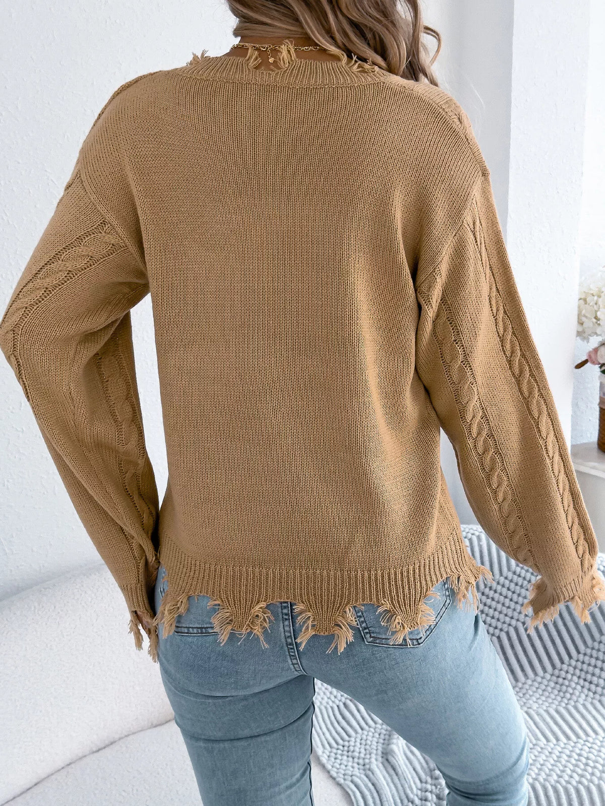 V-Neck Distressed Hem Cable Knit Sweater