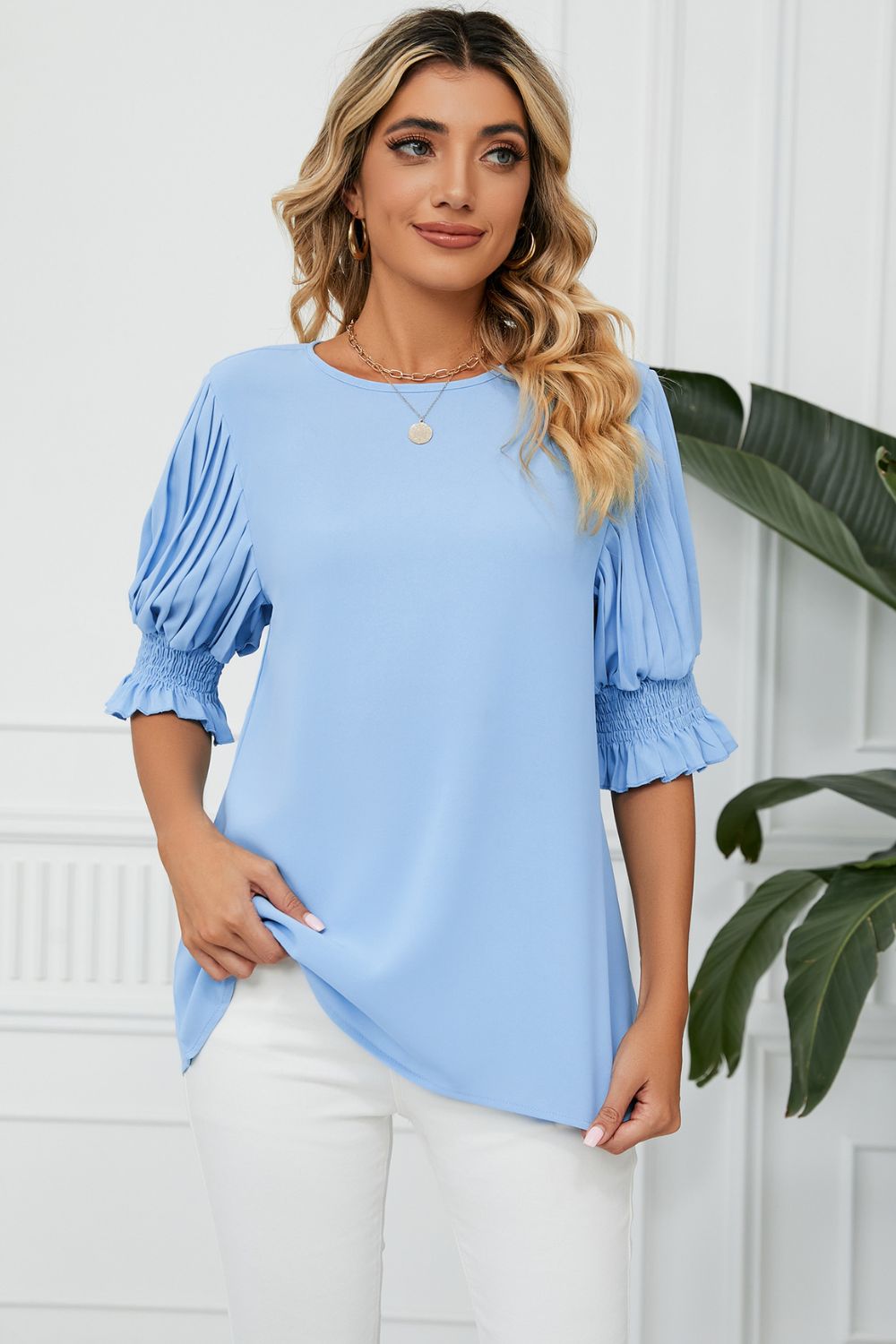 Pleated Flounce Sleeve Keyhole Blouse - Lilixa.store