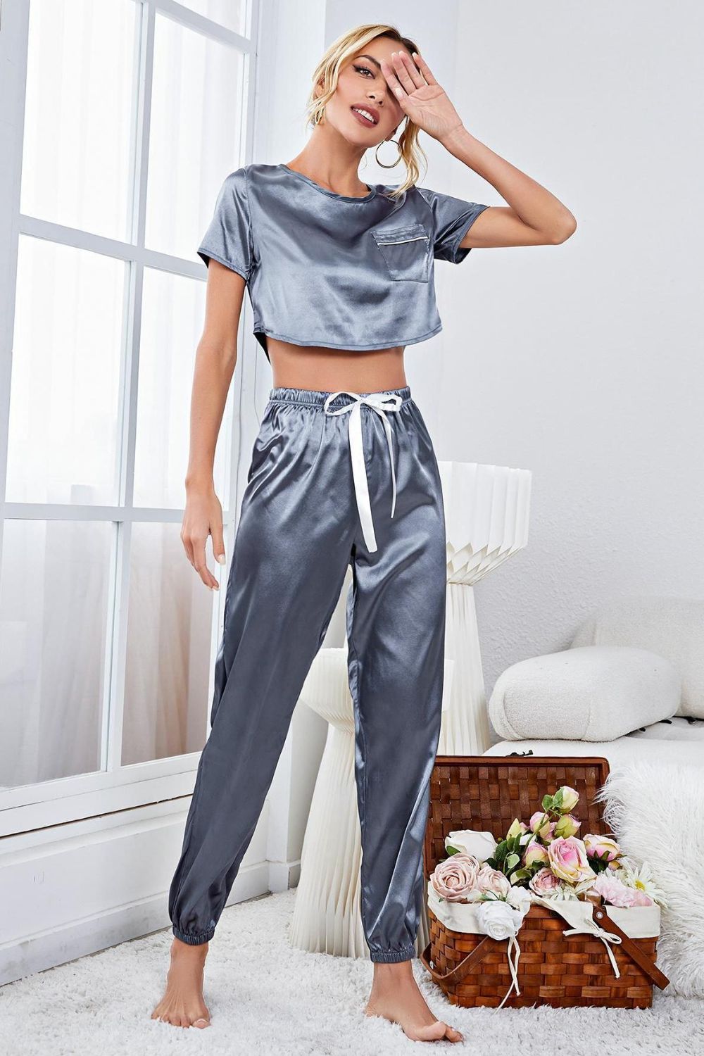 Satin Short Sleeve Crop Top and Joggers Lounge Set - Lilixa.store