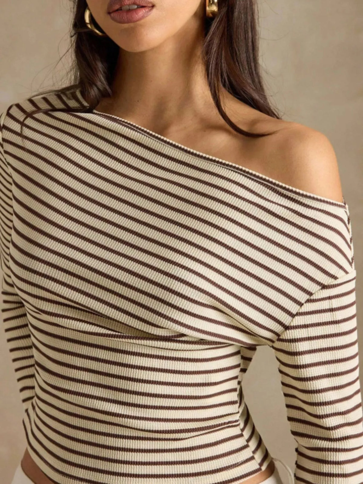 Off-Shoulder Striped Ribbed Long Sleeve T-Shirt, view 5