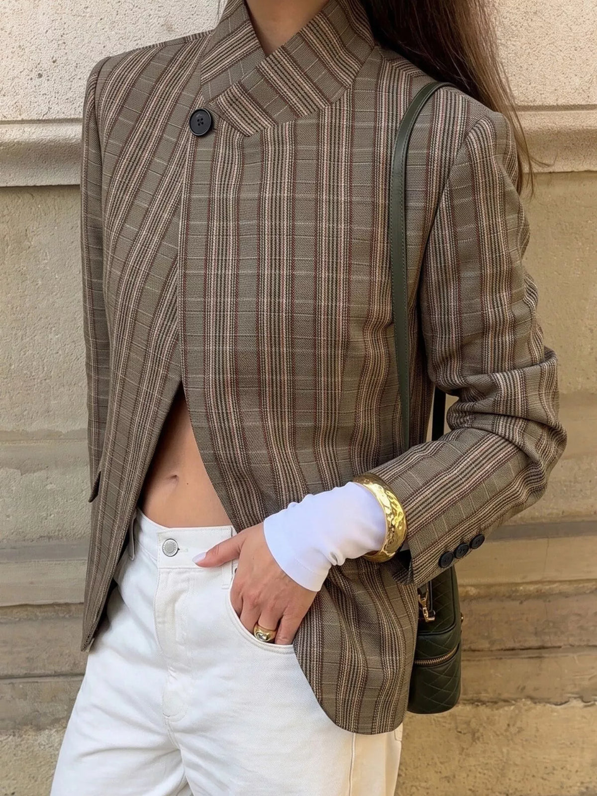 Plaid Single-Button Blazer - Lilixa.store