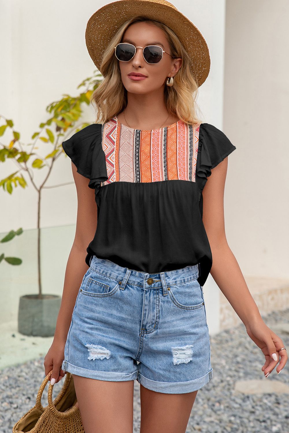 Ivy Lane Contrast Print Butterfly Sleeve Top - Lilixa.store