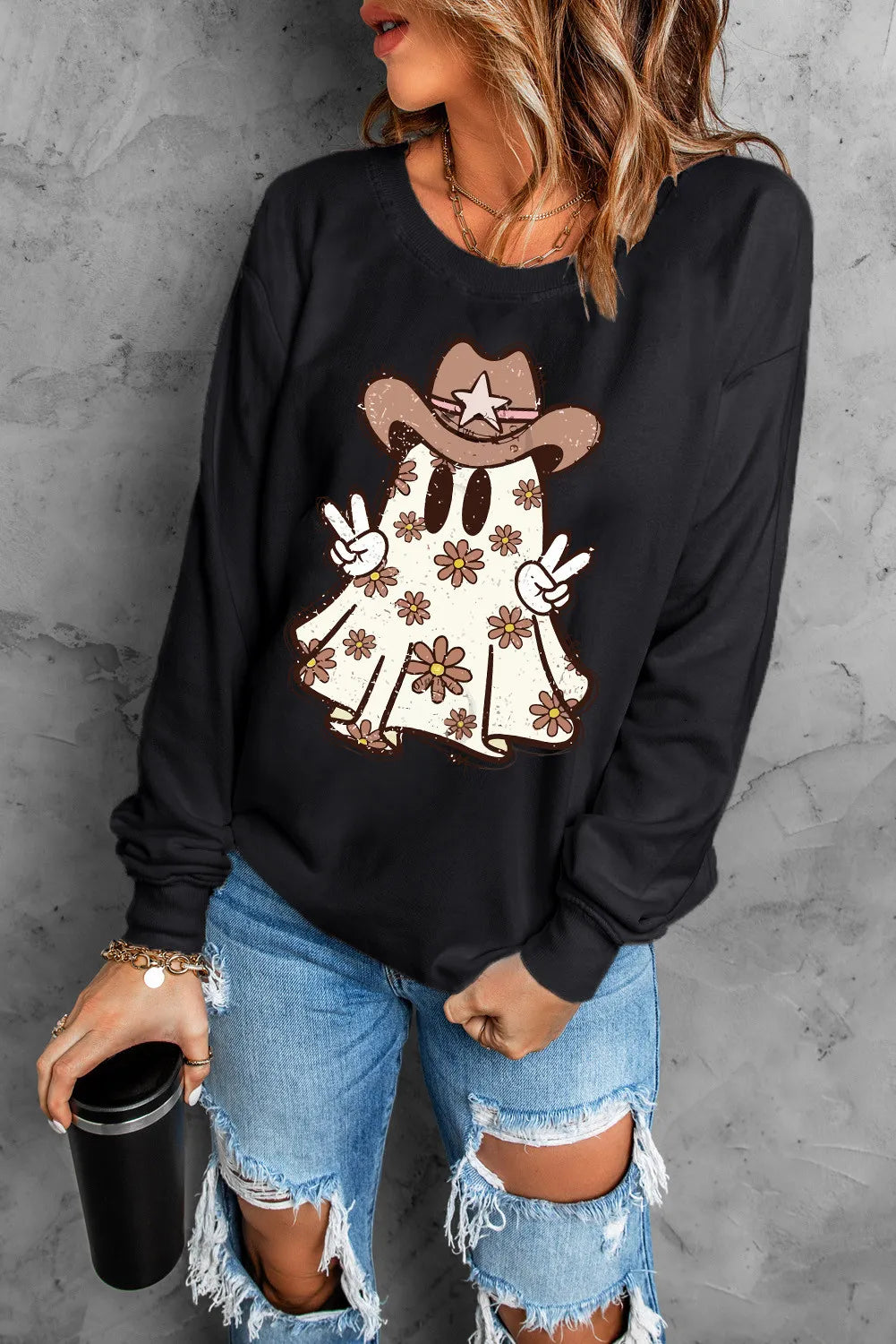 Ghost Round Neck Long Sleeve Sweatshirt - Lilixa.store
