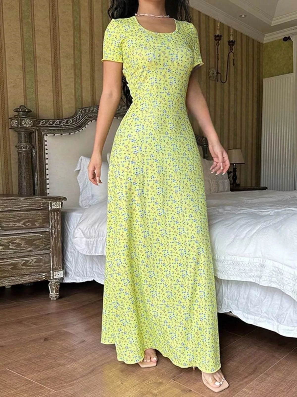 Floral Print Short Sleeve Maxi Dress - Lilixa.store