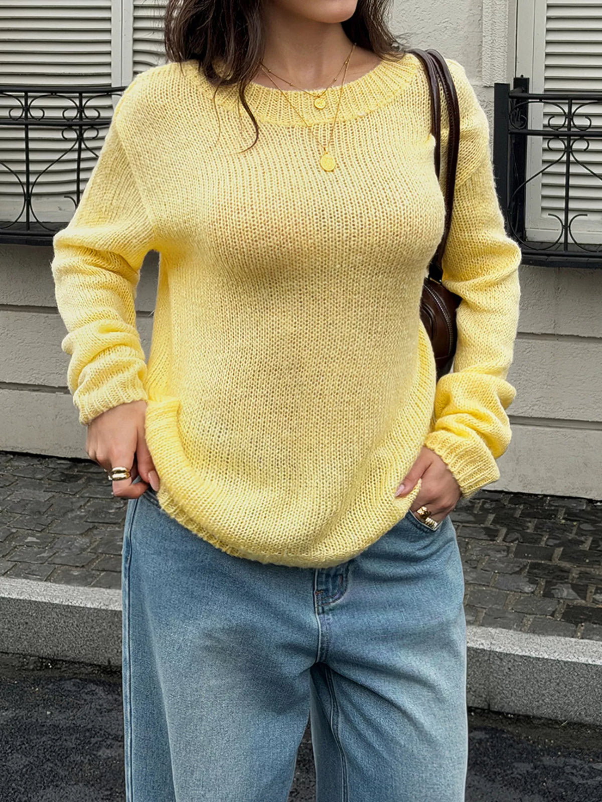 Crew Neck Dropped Shoulder Sweater - Lilixa.store