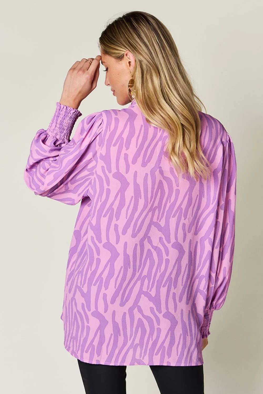 Double Take Full Size Printed Smocked Long Sleeve Blouse Plus Size - Lilixa.store