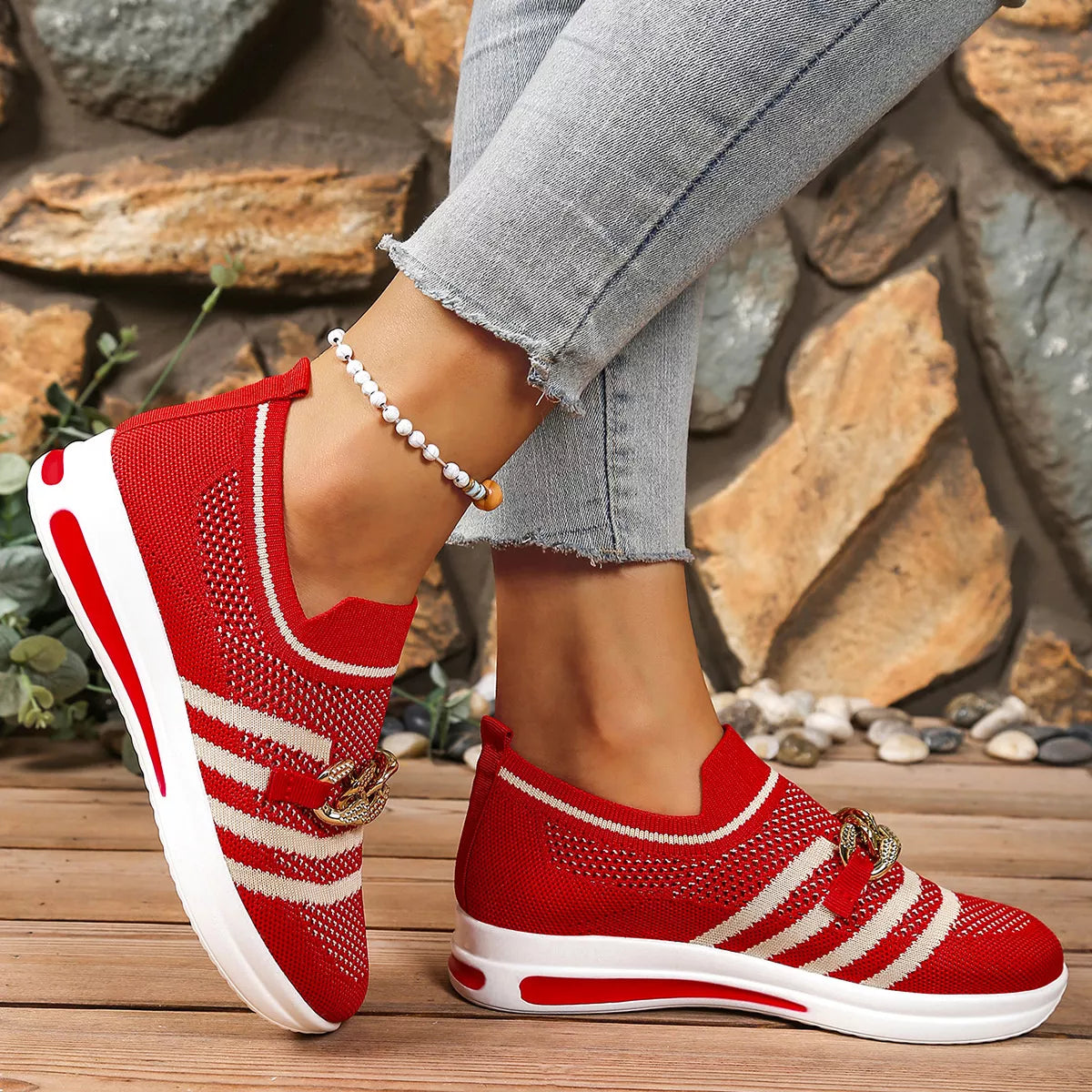 Round Toe Mesh Slip-Ons in Red