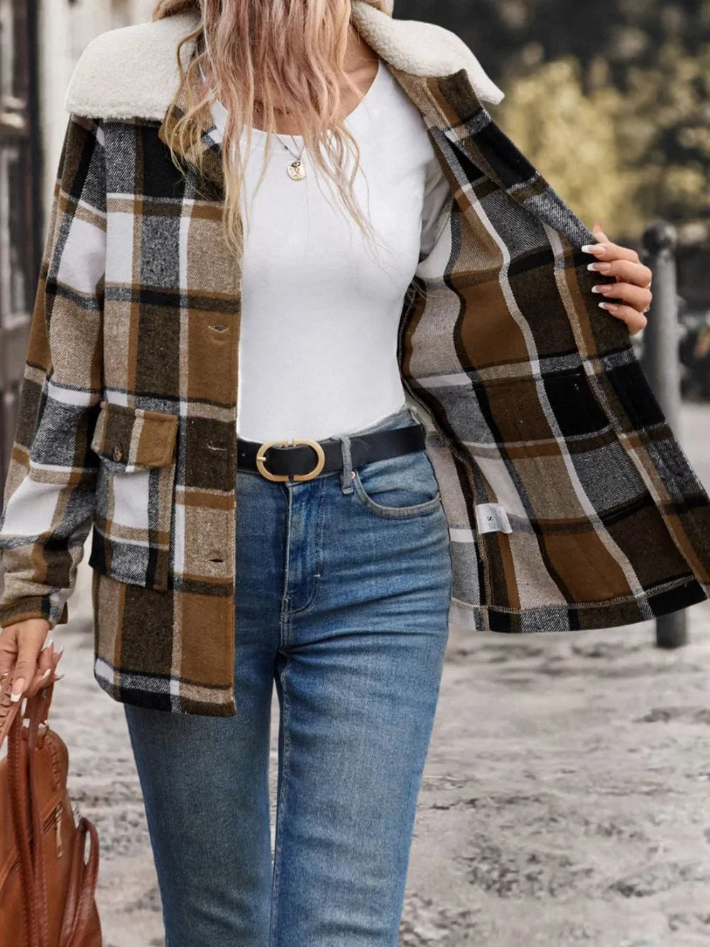 Perfee Pocketed Plaid Button Up Collared Neck Jacket in Camel, view 5